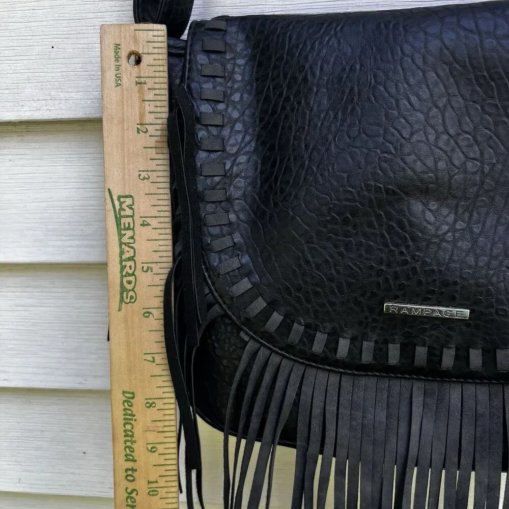 Rampage Black Boho Fringe Crossbody Bag Shoulder Purse Western Textured Pebble